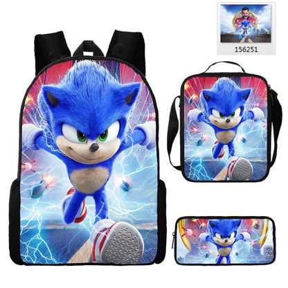 3PC Sonic Backpack School Bag Set – Anime Cartoon Zipper Backpack for Boys & Girls, Primary and Middle School Students