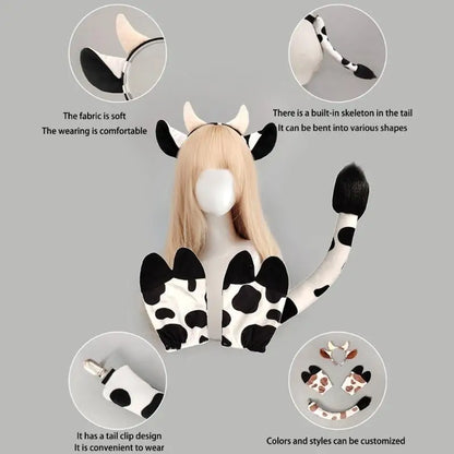 Cow Costume Set - Cow Ears Headband, Gloves and Tail for Halloween Cosplay