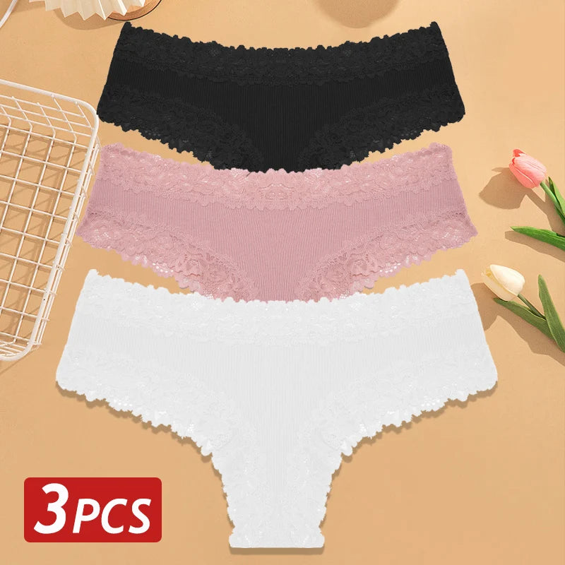 3PCS Women’s Cotton Lace Panties Set - Low Waist Brazilian Bikini Underwear Soft Floral Lingerie T-Back Style