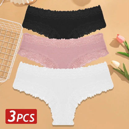 3PCS Women’s Cotton Lace Panties Set - Low Waist Brazilian Bikini Underwear Soft Floral Lingerie T-Back Style