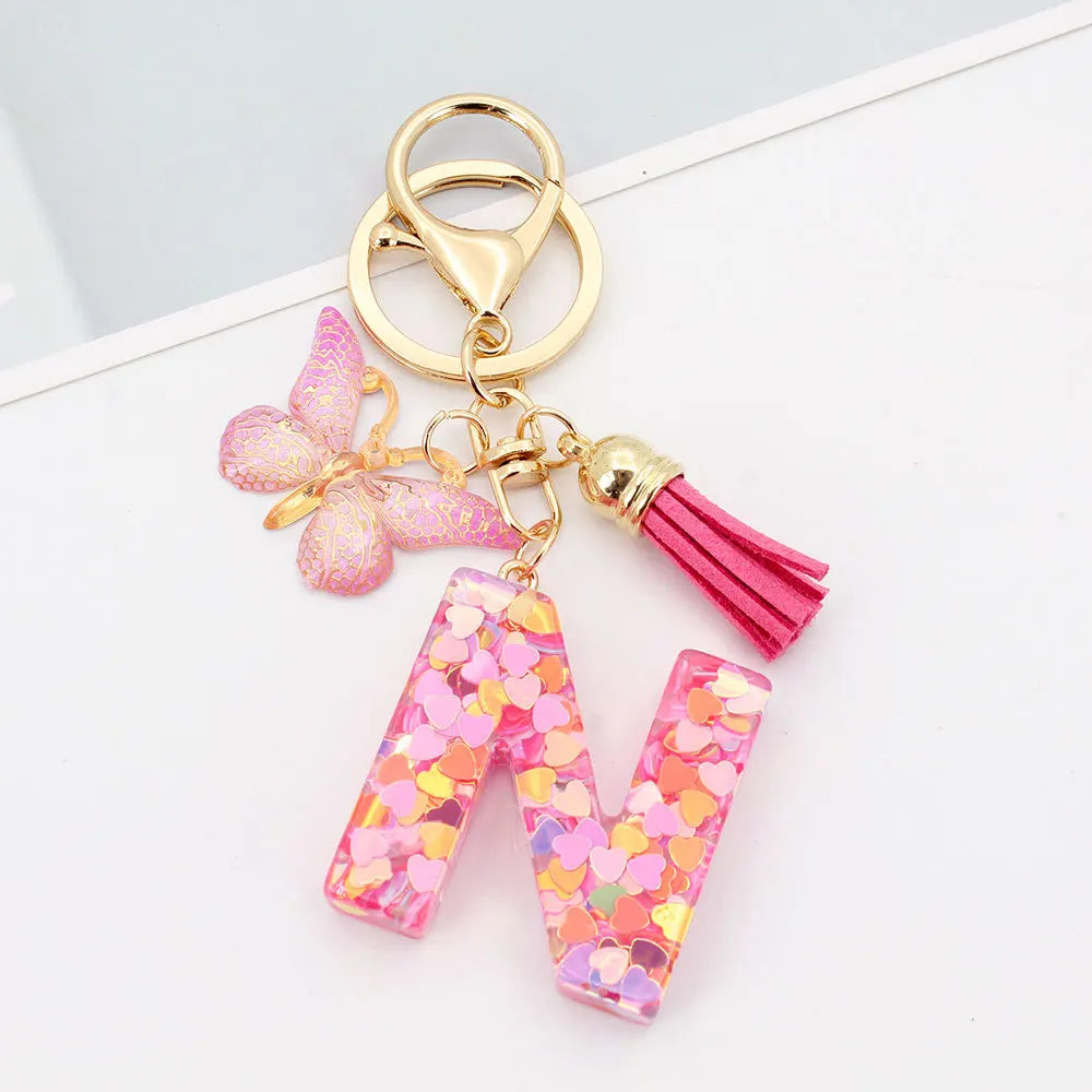 A-Z Letter Acrylic Keychain - Pink Butterfly Tassel Bag Charm & Key Ring