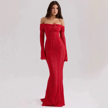 Suninheart White Off-Shoulder Bodycon Dress – 2025 Elegant Lace Long Sleeve Maxi Dress for Women, Wedding Guest Outfit