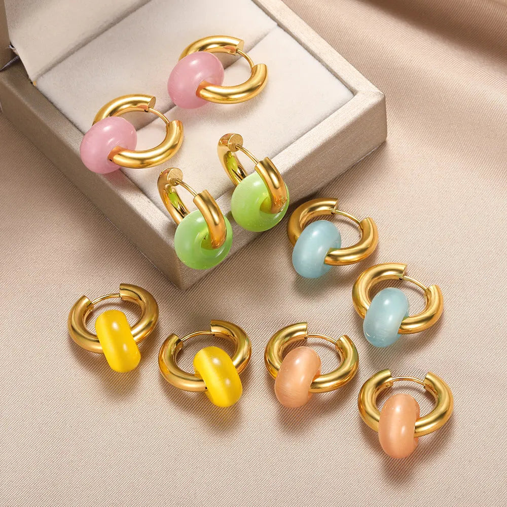 Leopard Bead Opal Stainless Steel Hoop Earrings — Gold Color, Anti-Fading Wedding & Prom Jewelry for Women, Gift Accessory