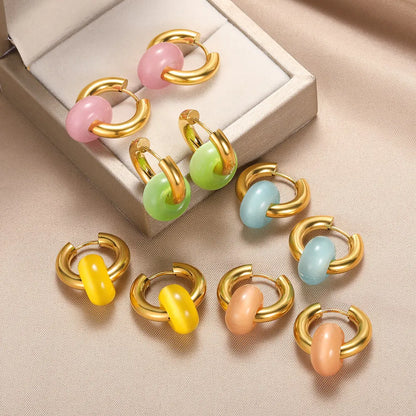 Leopard Bead Opal Stainless Steel Hoop Earrings — Gold Color, Anti-Fading Wedding & Prom Jewelry for Women, Gift Accessory