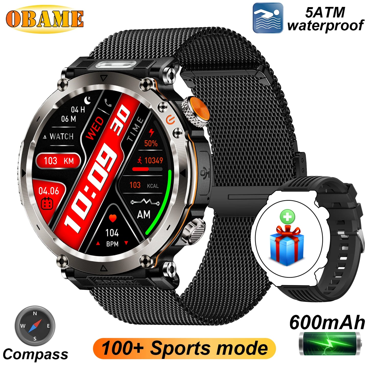 2025 5ATM Outdoor Smartwatch for Men – 600mAh Battery, LED Flashlight, Compass, Bluetooth Call, Heart Rate, IP68 Sports Watch