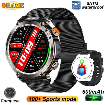 2025 5ATM Outdoor Smartwatch for Men – 600mAh Battery, LED Flashlight, Compass, Bluetooth Call, Heart Rate, IP68 Sports Watch