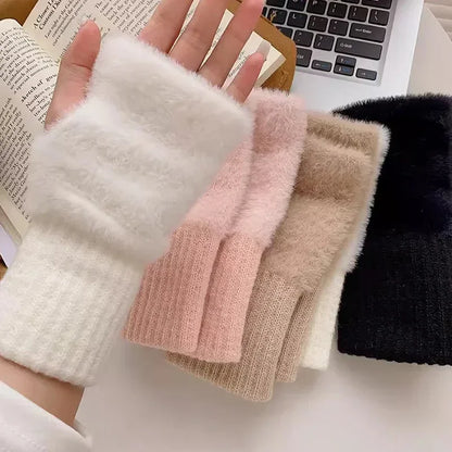 New Solid Color Plush Gloves for Women - Warm Luxury Woolen Knitted Touch Screen Half Finger Gloves for Autumn and Winter