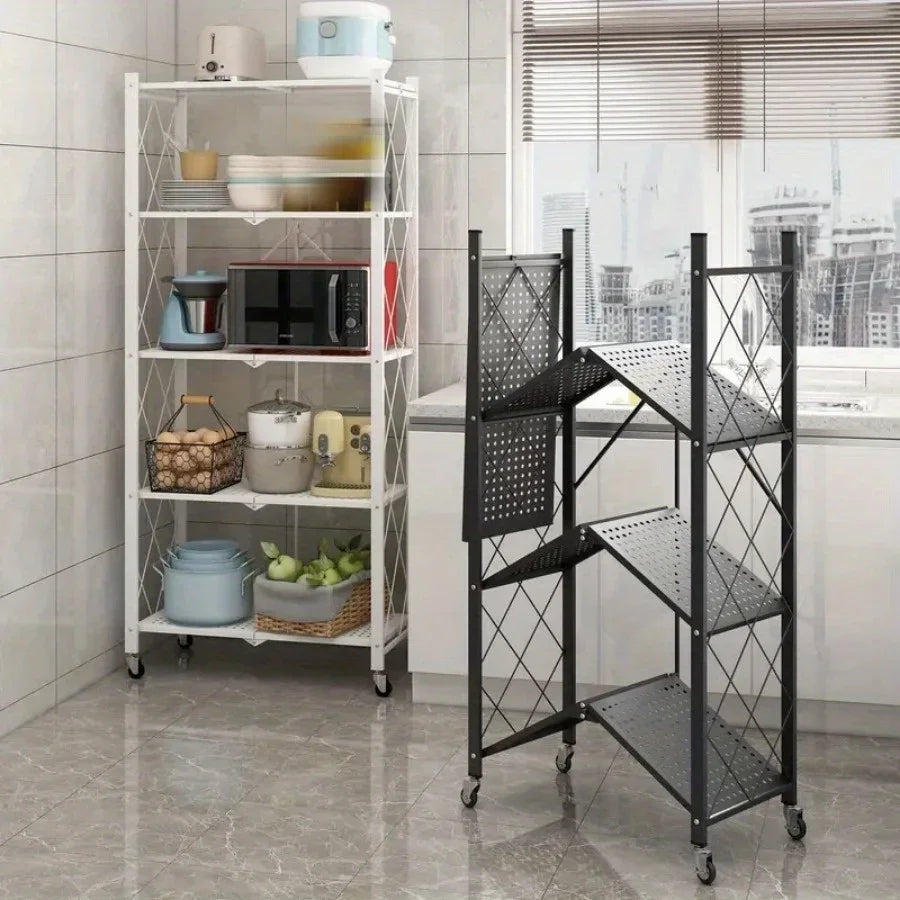 3/4/5-Tier Heavy-Duty Rolling Storage Shelf – Foldable Portable Iron Shelving Unit with Wheels for Home & Garage Organization