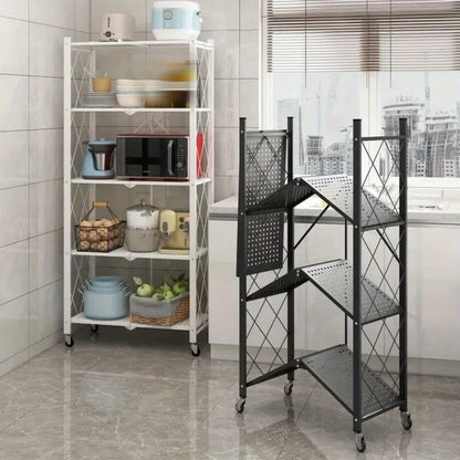 3/4/5-Tier Heavy-Duty Rolling Storage Shelf – Foldable Portable Iron Shelving Unit with Wheels for Home & Garage Organization