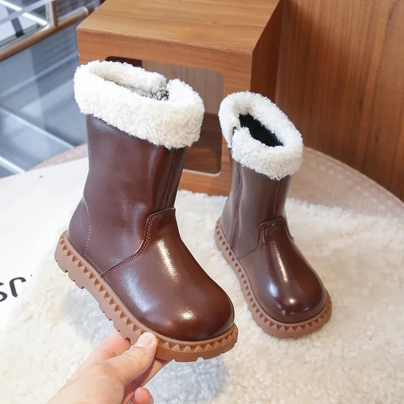 Girls' Wool Winter Boots 2025 – Breathable Lining, Anti-Slip Side Zipper, Fashionable Retro Snow Shoes for Kids