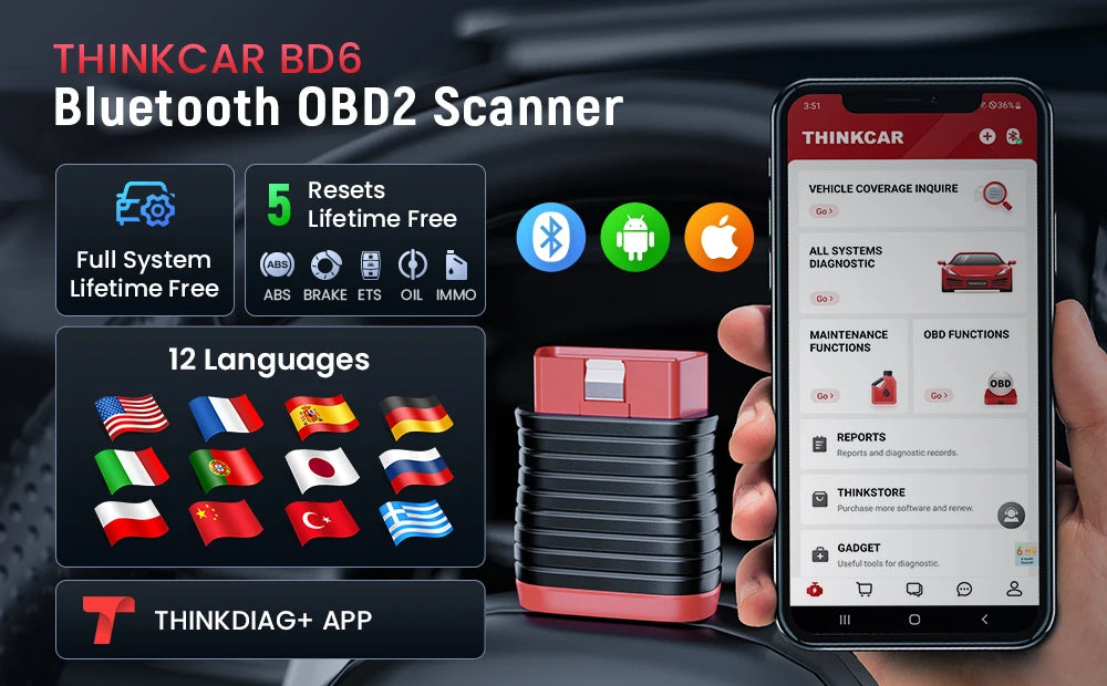 THINKCAR BD6 OBD2 Scanner – Full System Diagnostic, Oil, IMMO, ETS & Brake Reset, Lifetime Free Updates via THINKDIAG App