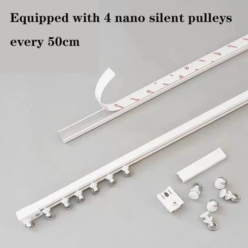 Self-Adhesive Curtain Track Nano Silent Sliding Rail, No-Drill Top & Side Mounted Window Curtain Rod Accessory for Easy Installation