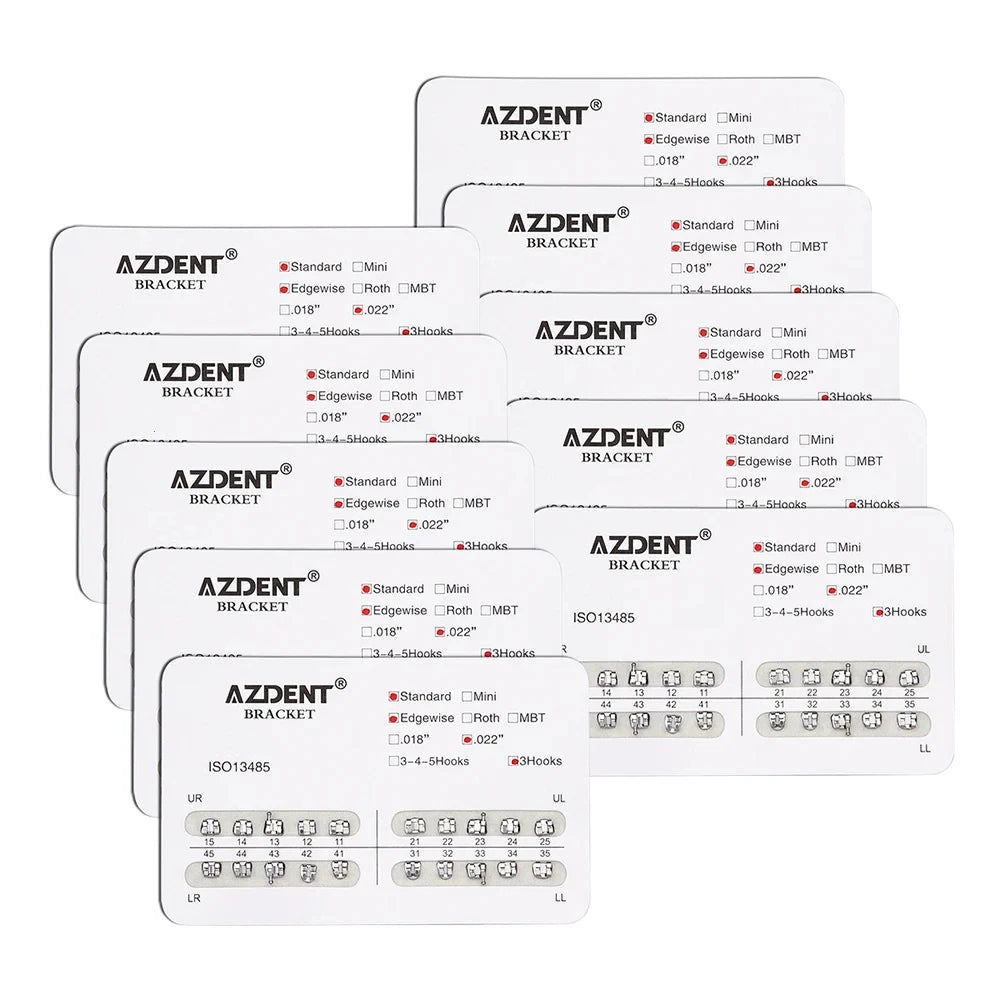 AZDENT 10 Packs Dental Brackets – Orthodontic Metal Mini Standard Roth MBT Slot 0.022/0.018 with Hooks, 20 Pcs per Pack