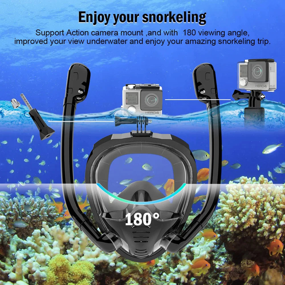 180° Panoramic View Full Face Snorkel Mask with Dry Top Silicone Seal - Diving and Swimming Goggles Set with 2 Snorkels, Anti-Fog and Anti-Leak Design