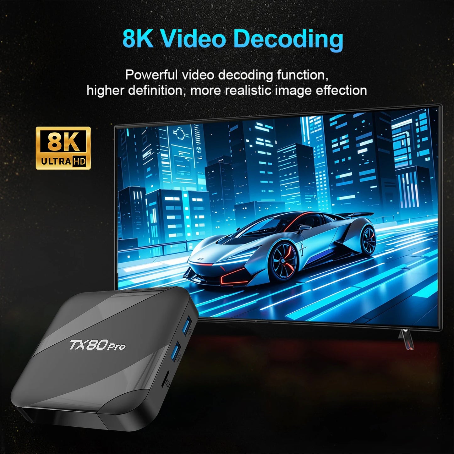 TX80 PRO Android TV Box 16GB+256GB Quad-Core ARM Cortex-A53 4K UHD Streaming Media Player with Dual-Band WiFi & Mali-450 GPU