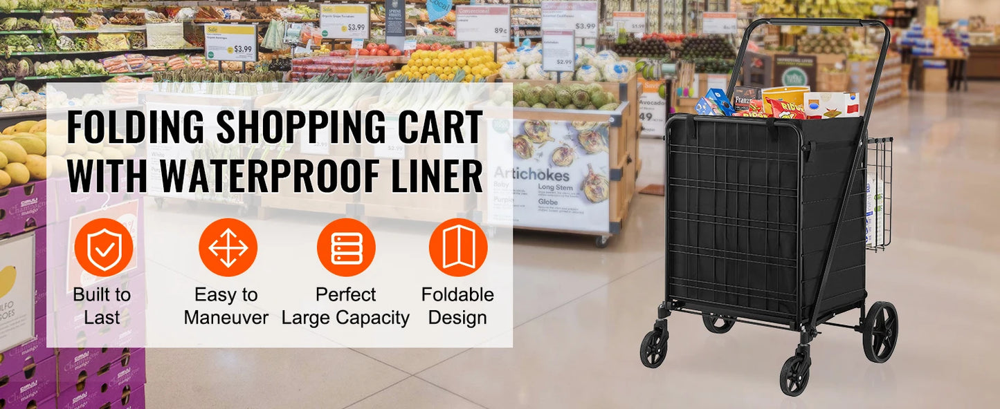 SucceBuy Folding Shopping Cart with Removable Waterproof Liner — Large Capacity 106/330LBS, 360° Swivel Wheels, Metal Mesh Base