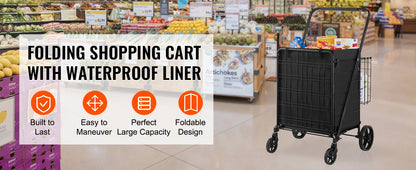 SucceBuy Folding Shopping Cart with Removable Waterproof Liner — Large Capacity 106/330LBS, 360° Swivel Wheels, Metal Mesh Base
