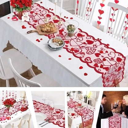 Valentine's Day Love Heart Hollow Lace Table Runner - Romantic Decor for Weddings and Parties