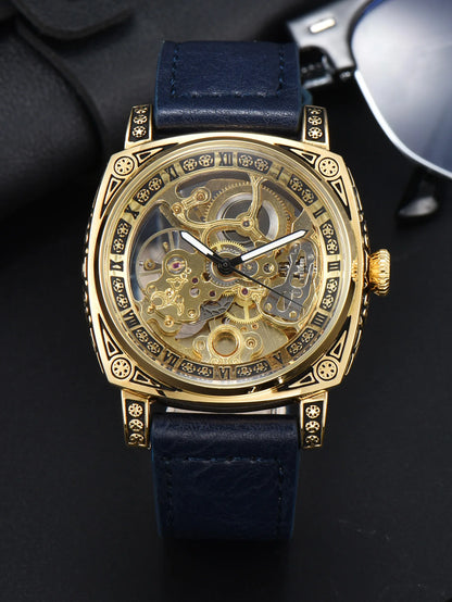 LONGLUX Automatic Mechanical Skeleton Watch – Retro Style Waterproof Leather Men’s Wristwatch, No Logo