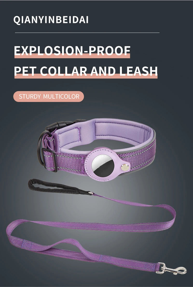 Reflective Heavy-Duty Dog Collar with Adjustable AirTag Holder — For Small, Medium & Large Dogs