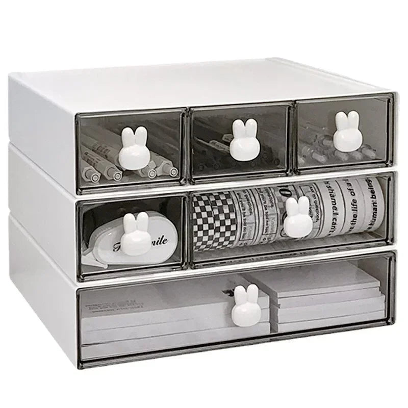 Rabbit Handle Desktop Drawer Organizer – Multi-Compartment Pencil Box for Students & Stationery