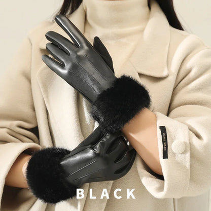 Women’s Winter Faux Fur Gloves - Warm PU Leather Gloves with Thermal Lining and Windproof Cuffs