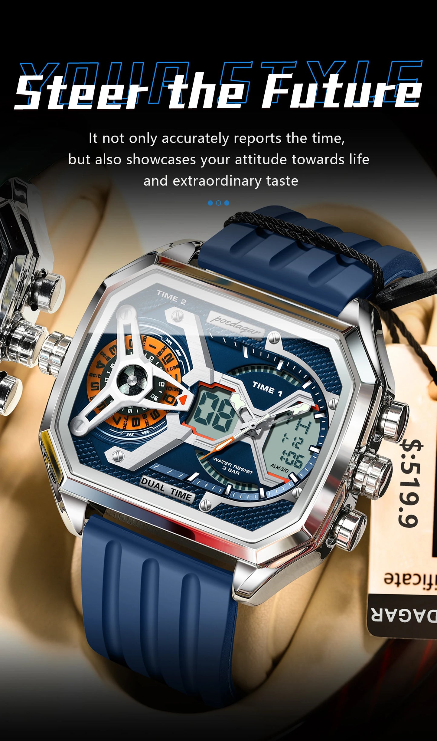 POEDAGAR Men's Luxury LED Wristwatch – Electronic Quartz Watch with Calendar, Week Display, Luminous Hands, and Silicone Strap