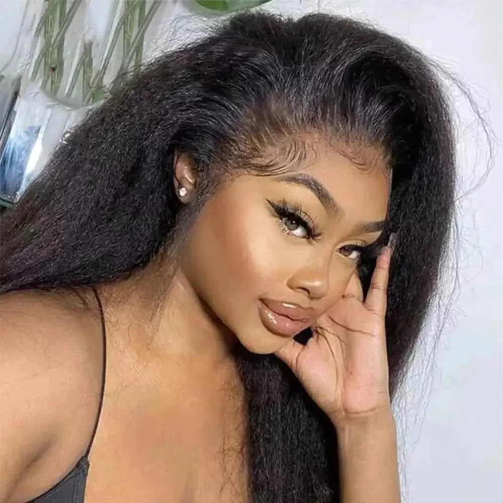 Kinky Straight 13x4 Lace Front Wig – Brazilian Human Hair, Bone Colored Yaki Straight, Transparent Lace Frontal Wig for Women