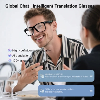 Smart Glasses with AI Translation – Supports 100+ Languages, Bluetooth TWS, Calls, Music, Noise Reduction & Light Control for Men & Women