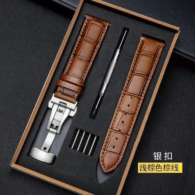 Genuine Leather Watch Band with Wooden Box – Replacement Strap with Butterfly Clasp, 18mm 20mm 22mm Bracelet Accessory