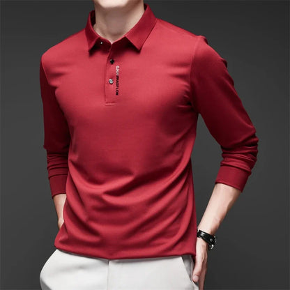 Men's Business Casual Polo Shirt - Long Sleeve Solid Color Top with Badge Detail