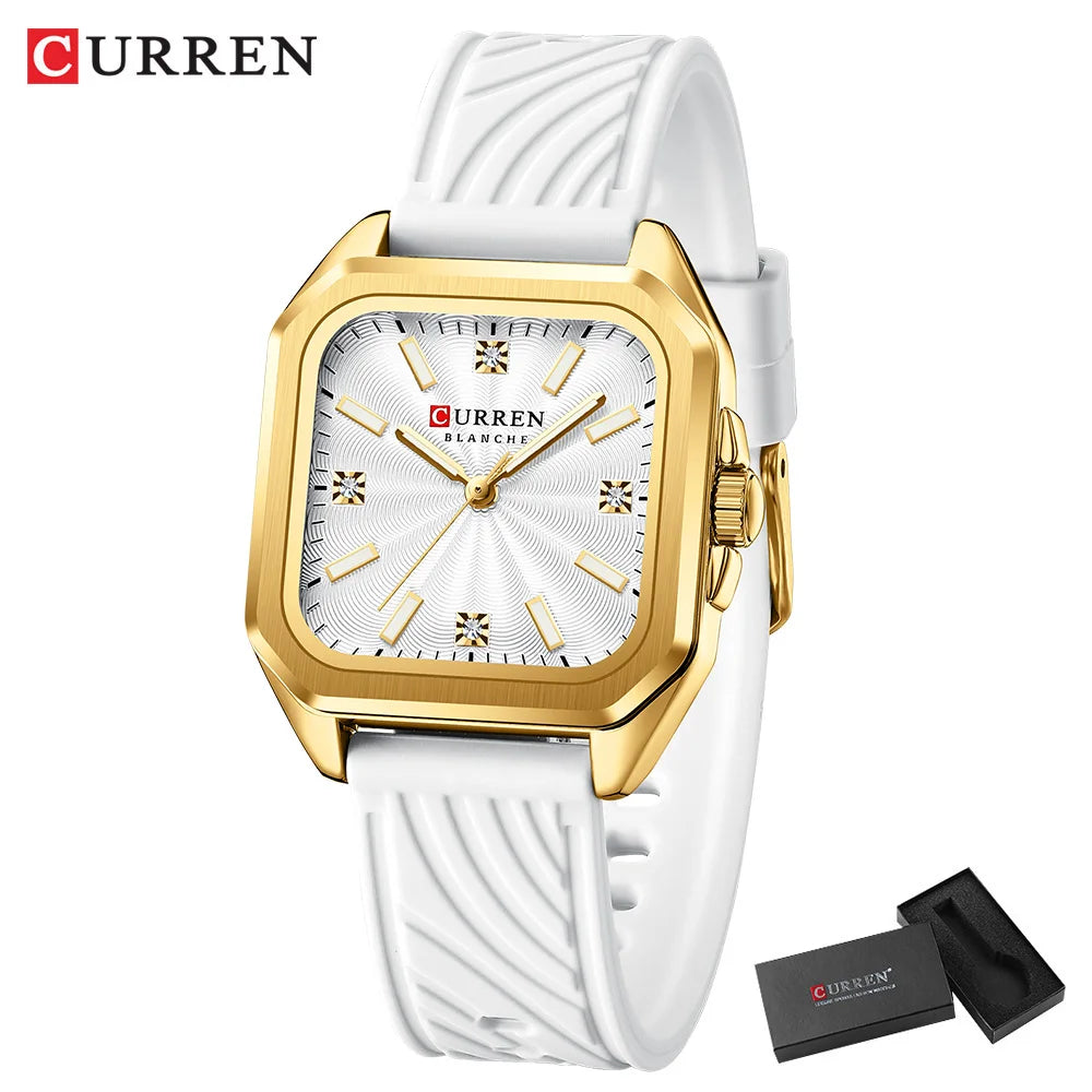 CURREN Square Women’s Quartz Watch - Casual Silicone Strap Fashion Wristwatch with Gift Box