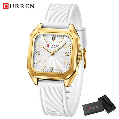 CURREN Square Women’s Quartz Watch - Casual Silicone Strap Fashion Wristwatch with Gift Box