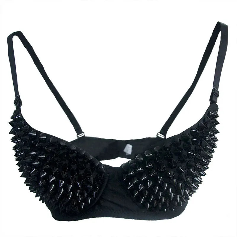 Silver Rivets Punk Rave Bralette – Gothic Push-Up Lingerie Bra Top for Nightclub & Party