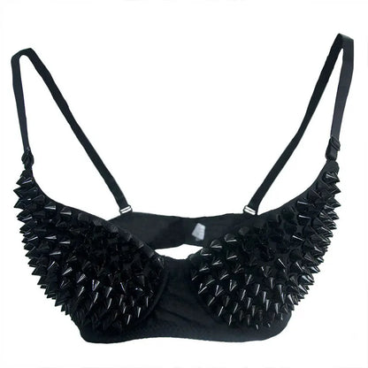 Silver Rivets Punk Rave Bralette — Gothic Sexy Push-Up Bra Top for Women