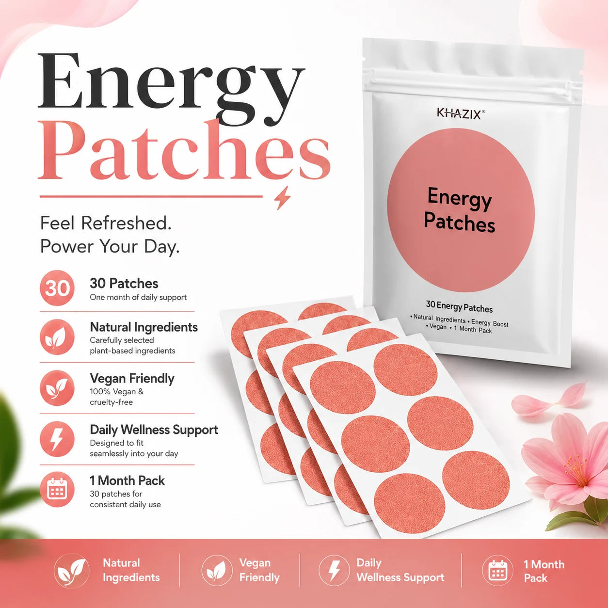 Energy Patches - 30-Piece Vegan-Friendly Daily Energy Support Stickers for Work, Travel & Sports