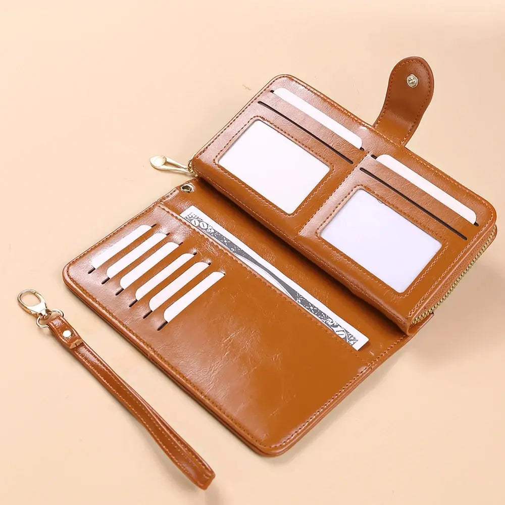 Women’s Vintage PU Leather Clutch Wallet — Large Capacity Phone Purse with Wristband, Simple Card Holder Pouch Bag