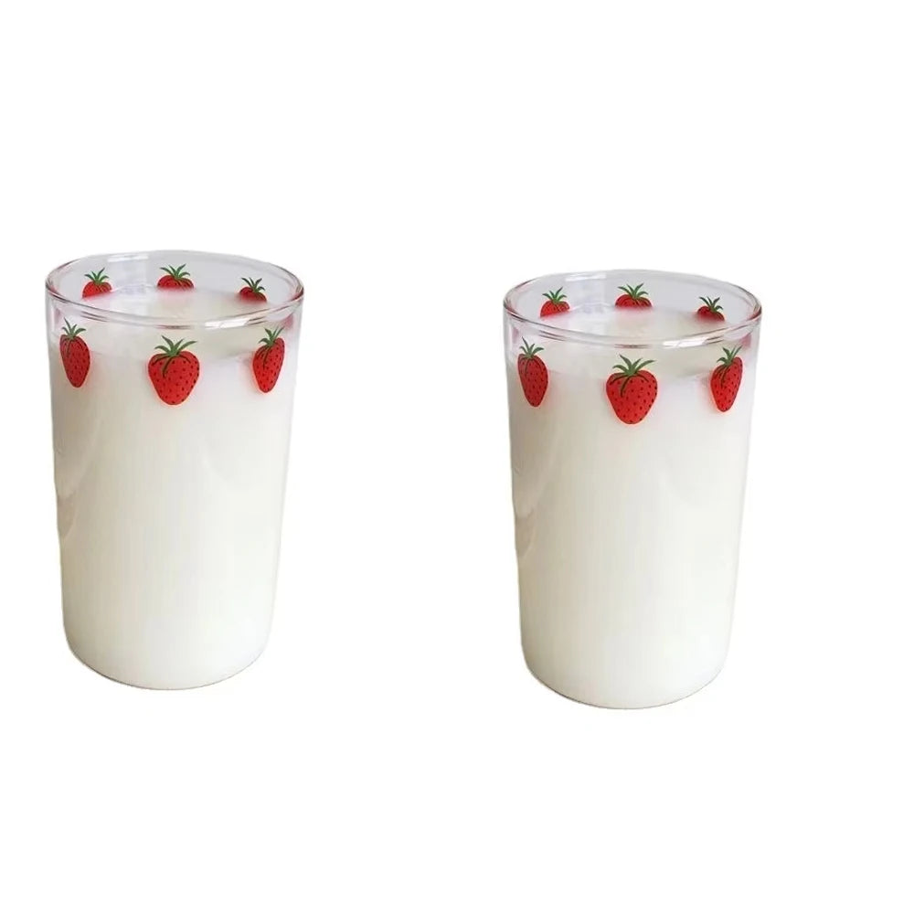 16oz Glass Juice Cup with Straw – Berry Pattern Reusable Coffee & Milk Cup, Easy Clean Drinkware for Hot & Cold Beverages (1/2PCS)
