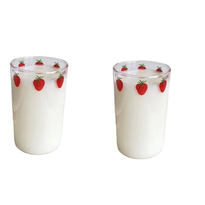16oz Glass Juice Cup with Straw – Berry Pattern Reusable Coffee & Milk Cup, Easy Clean Drinkware for Hot & Cold Beverages (1/2PCS)