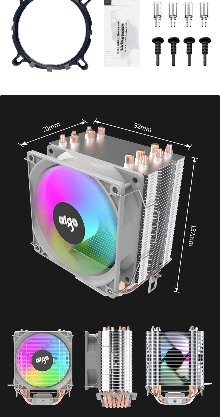Aigo CPU Cooler — 2/4/6 Heat Pipe Radiator with 3-Pin PWM Silent RGB Fan for Intel LGA 1700/1150/1155/1156/1366 & AMD AM2/AM3/AM4