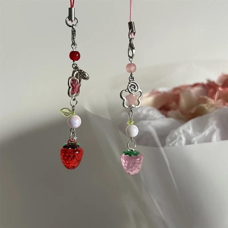 Y2K Strawberry Keychain Charm - Cute Fruit Phone Lanyard Bag Chain Accessory for Girls Aesthetic Jewelry Style