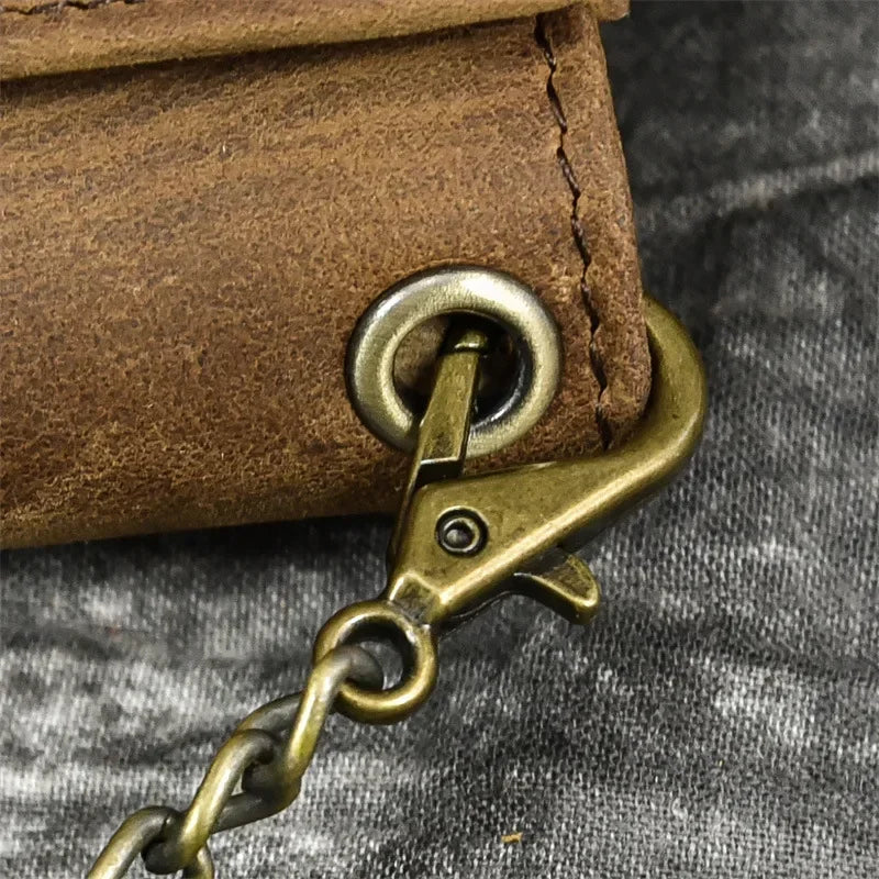 Men's Genuine Leather Short Wallet with Chain – Zipper Clutch, Trifold Purse, Card Holder & Coin Purse for Men