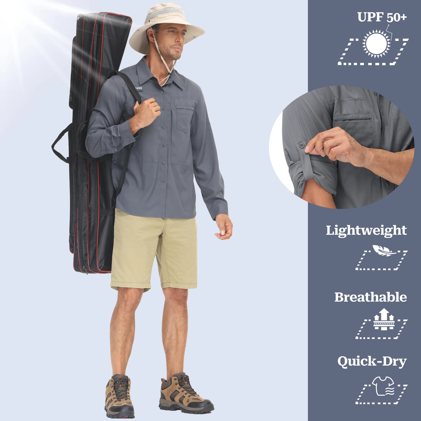 Men’s UPF 50+ Fishing Shirt - Lightweight Long Sleeve Tactical Button Down with Breathable Mesh Back