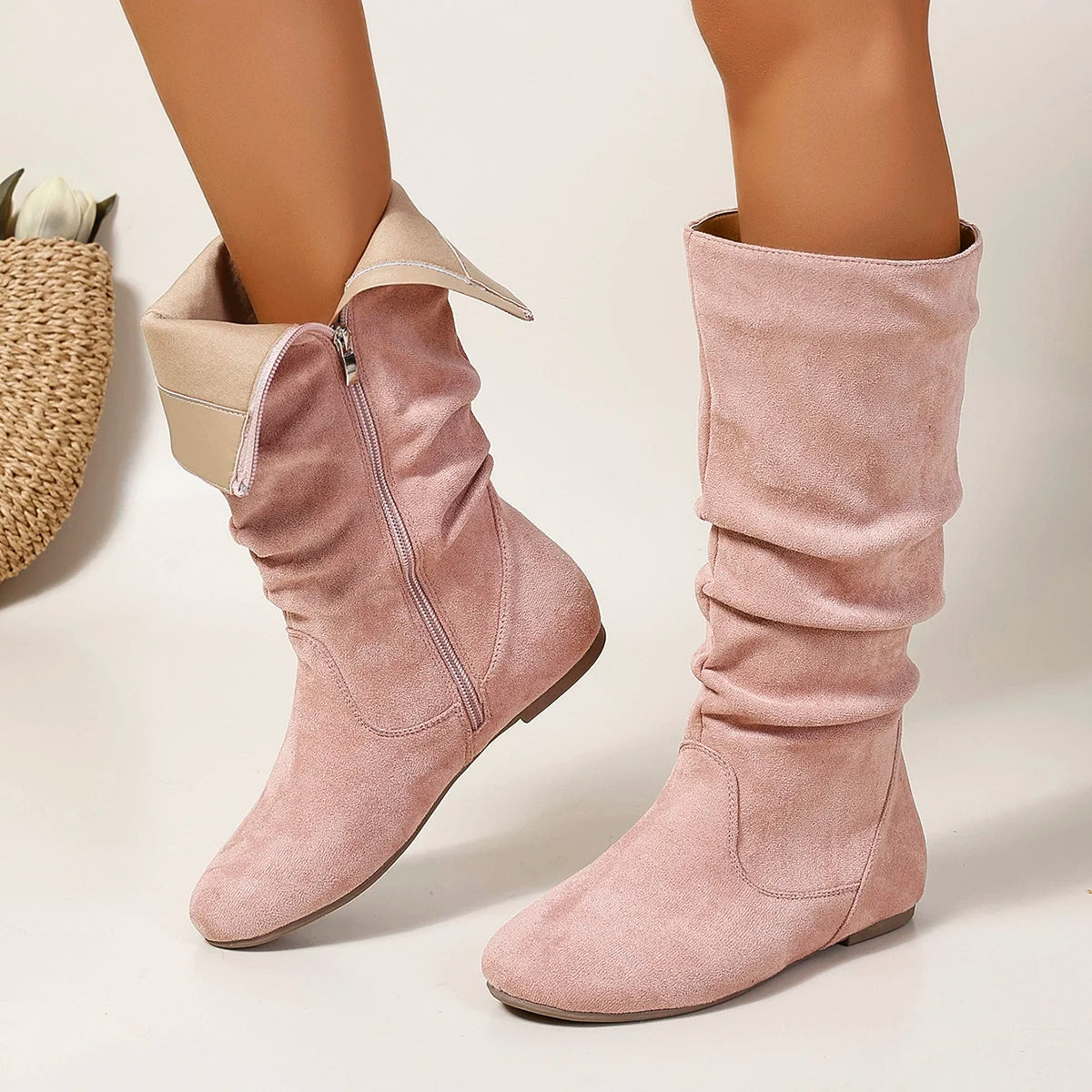 Pleated PU Women’s Fashion Boots – Casual Side-Zip Round Toe Flat High Solid Color Boots