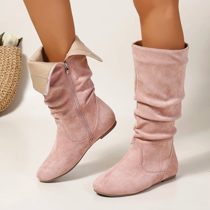 Pleated PU Women’s Fashion Boots – Casual Side-Zip Round Toe Flat High Solid Color Boots