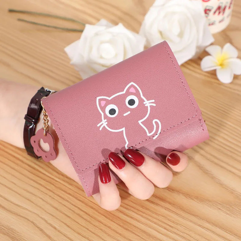 Women’s Cute Cat PU Leather Wallet — Small Short Card Holder Purse with Hasp, Fashion Money Bag for Girls & Gifts