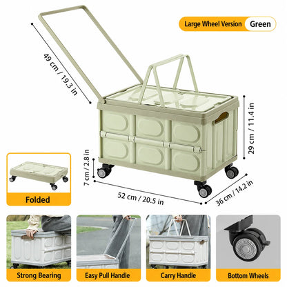 Foldable Storage Box with Wheels - Camping Gear Organizer with Wooden Lid for Car Trunk & Outdoor Use