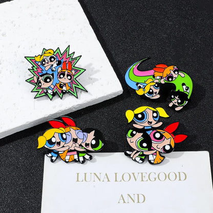 4-Piece Blossom and Bubbles Enamel Pin Set - Funny Cartoon Brooches for Backpacks, Clothing and Gifts