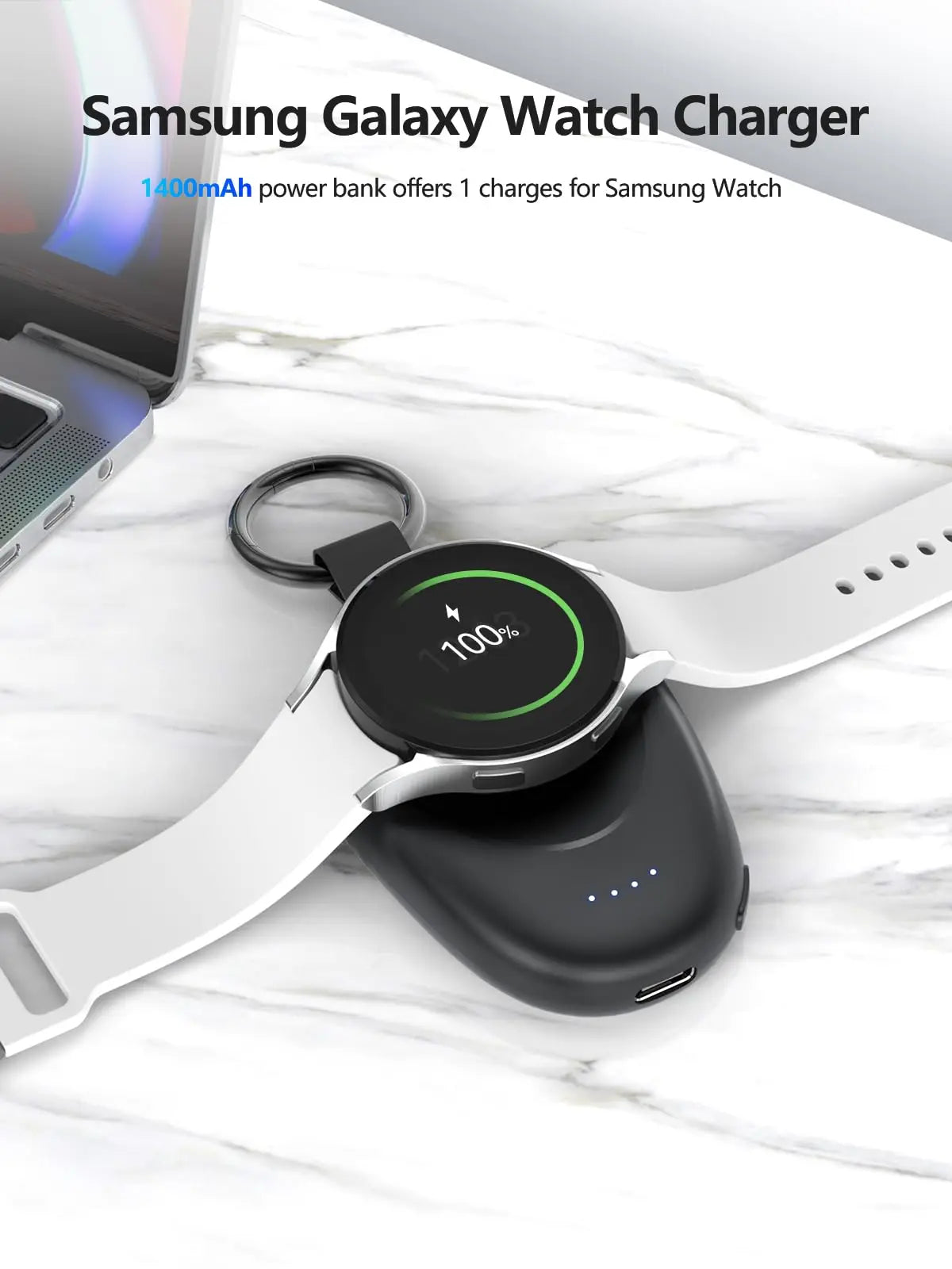 1400mAh Portable Wireless Charger & Power Bank — Magnetic Keychain Charging for Galaxy Watch 7/Ultra/6/5 Pro/4/3/Active 2