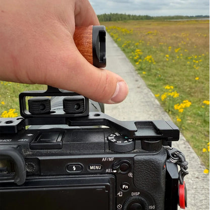sgrium Universal Camera Cage Wooden Side Handle – Left/Right Hand Grip with 1/4" Mount Holes & Cold Shoe for Sony Camera Cage Video Shooting Rig Accessories